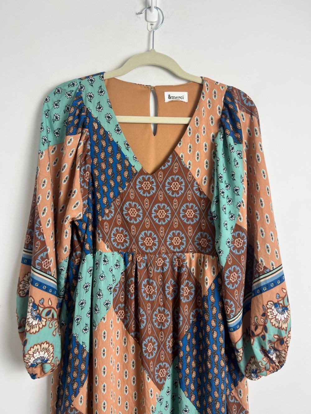 &Merci Small Warm Tone Patchwork V-Neck Long Puff Sleeve Bohemian Midi Dress - Picture 4 of 11